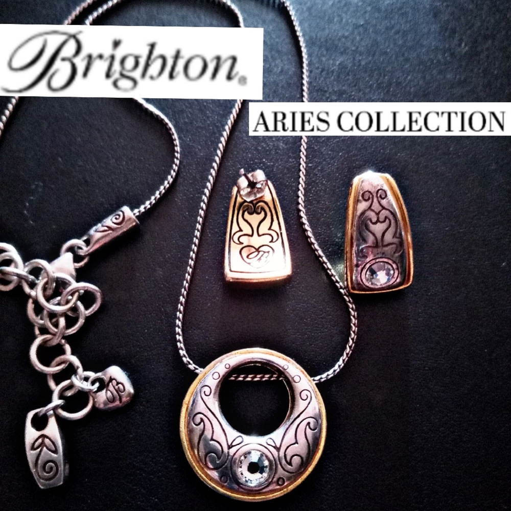 Brighton Aries Swarovski Crystal Pendant Necklace and Earrings Silver/Gold Set